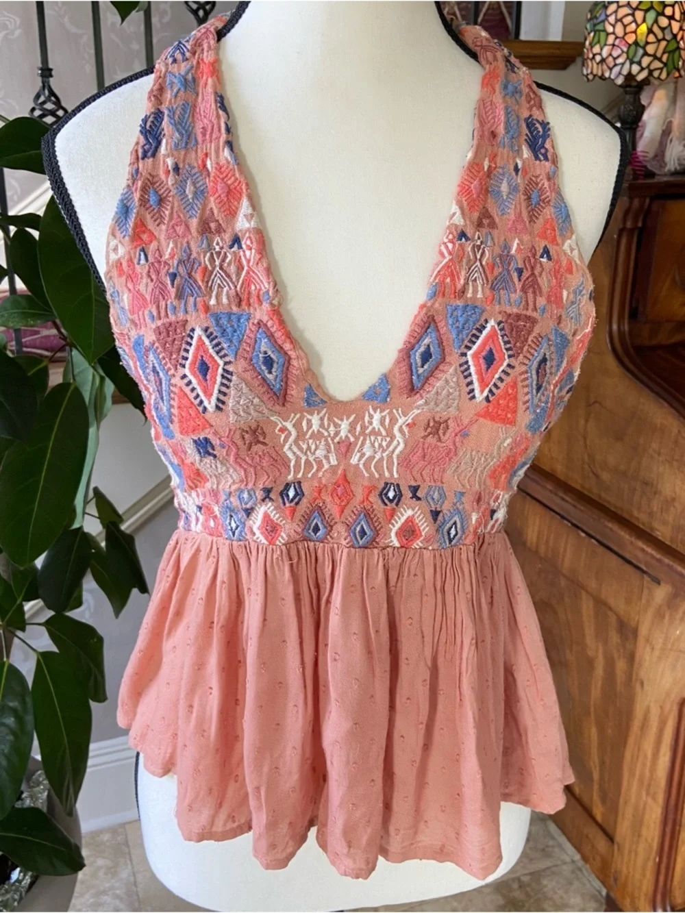 Free People Peruvian Paradise Halter Size S Embroidered Rusty Peach Hippie Boho